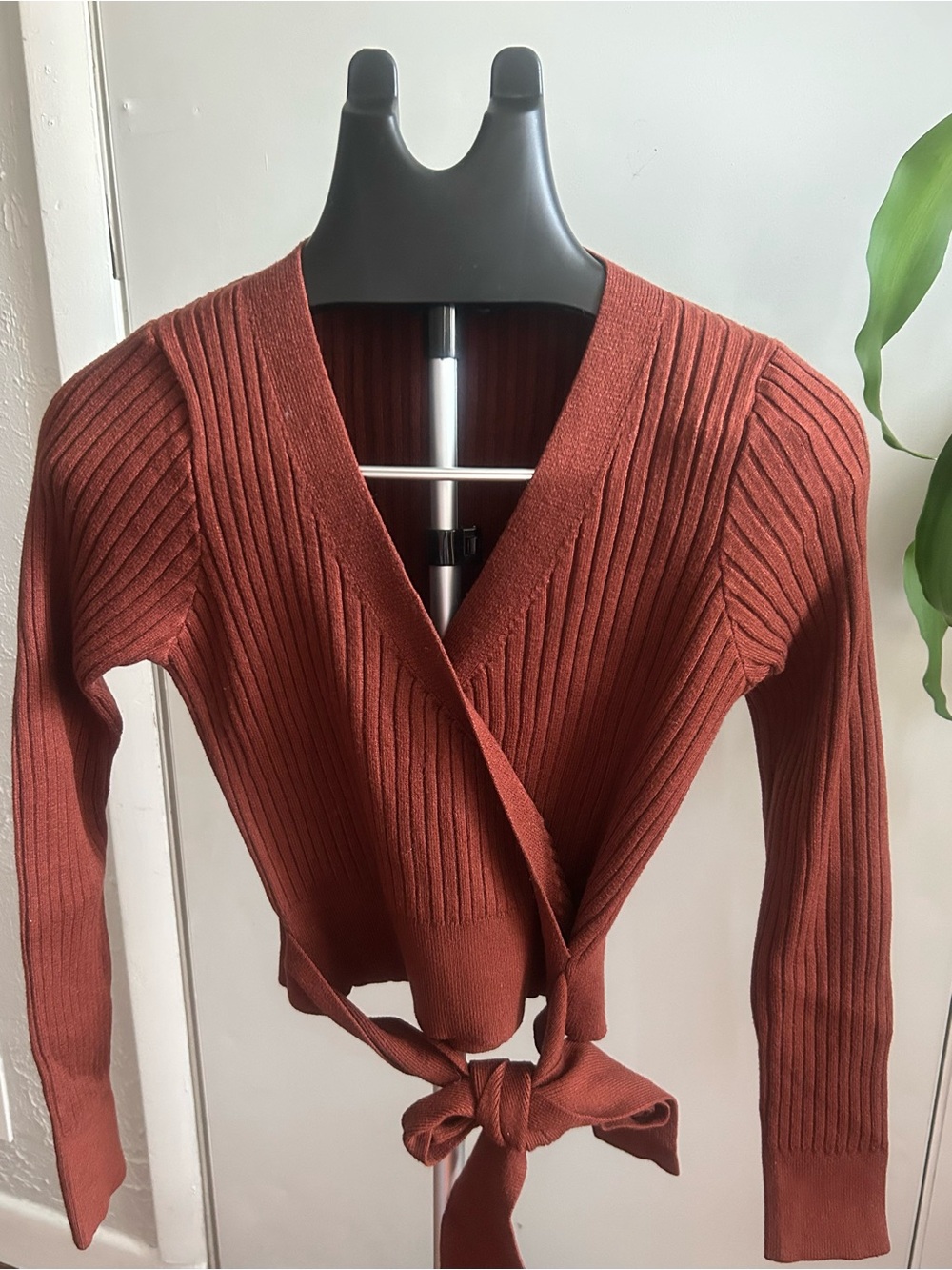 Rust Ribbed Wrap Sweater - Women